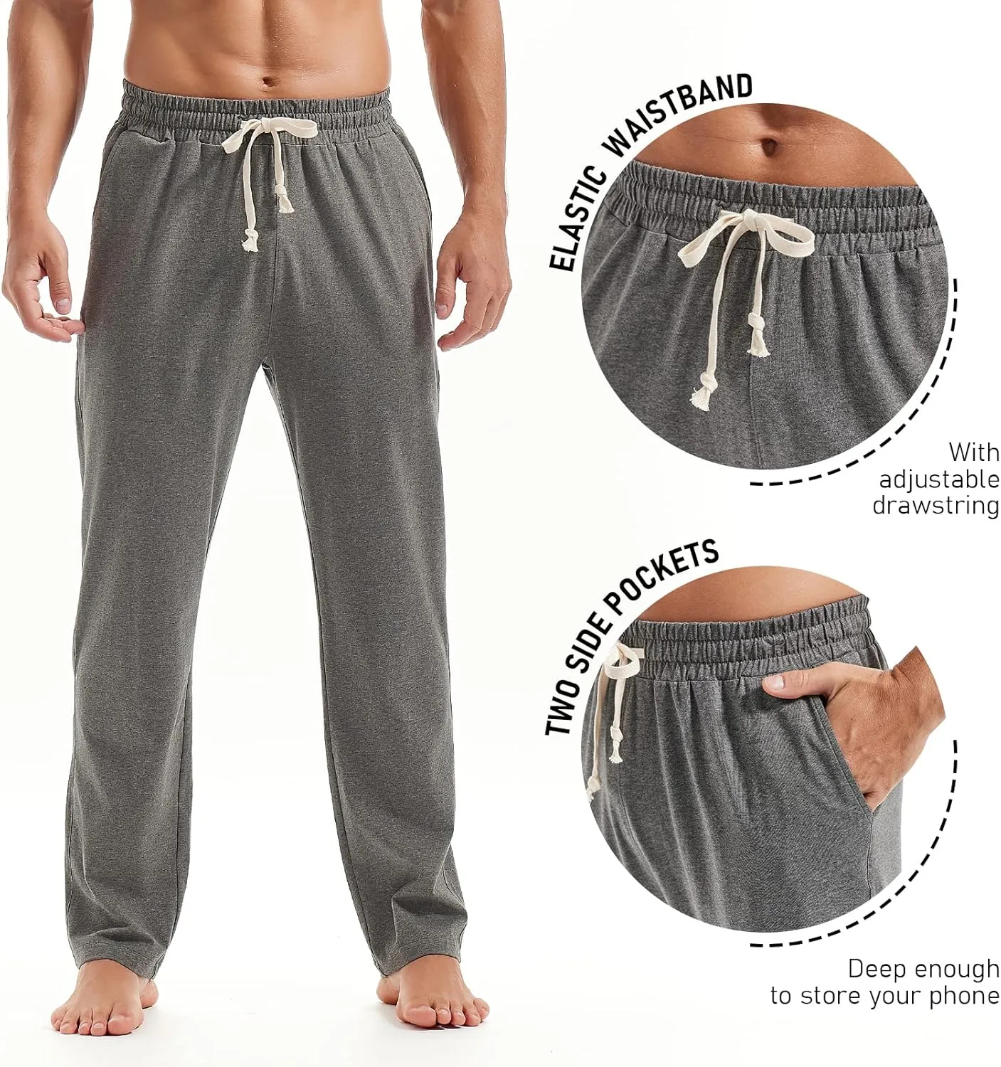 AMY COULEE Mens Cotton Yoga Pants Running Workout Lightweight Sweatpants Open Bottom Lounge Pants with Pockets