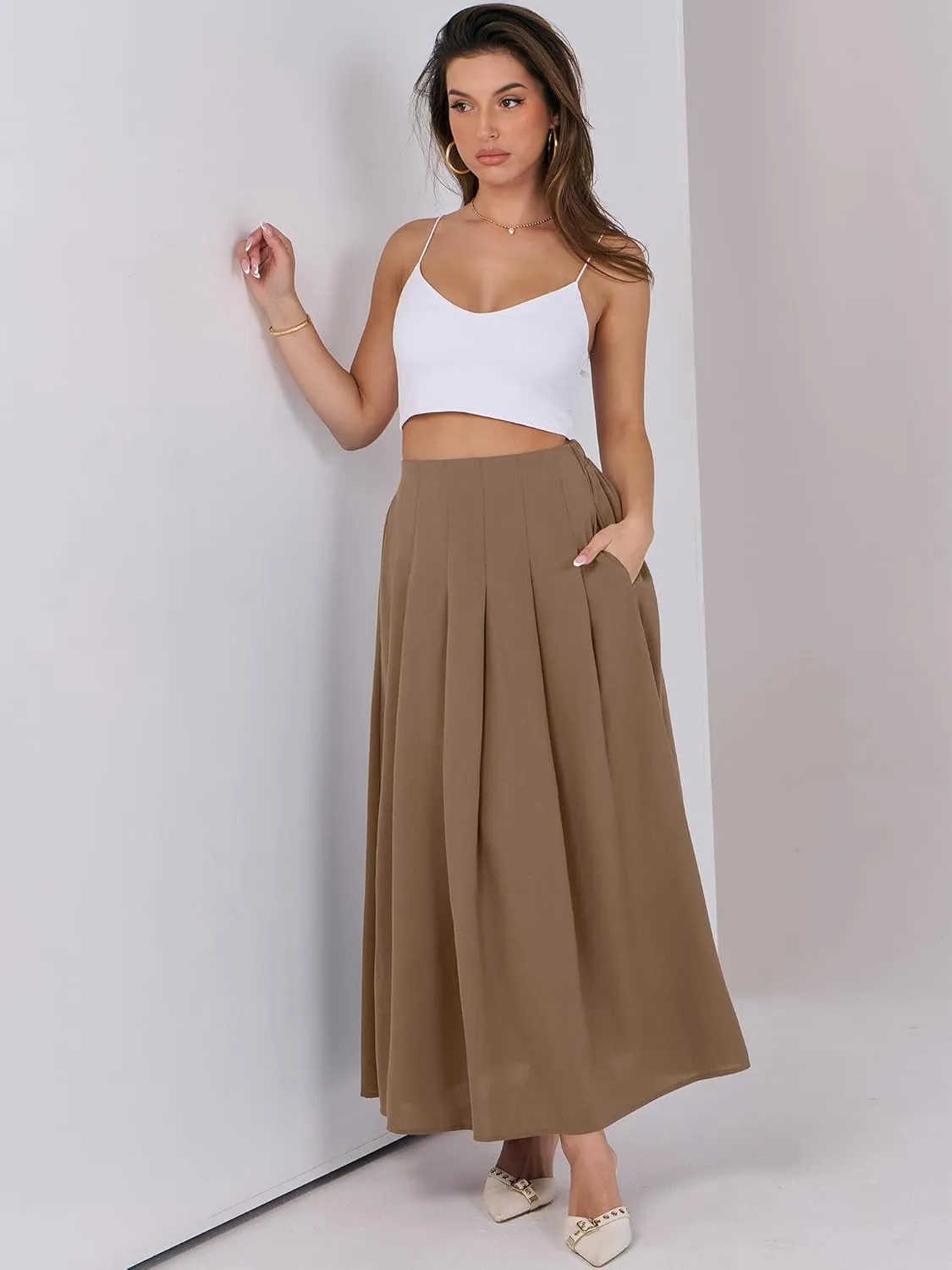 ANRABESS Women A-Line Pleated High Waist Maxi Skirt Full Ankle Length Flowy Swing Elegant Dressy Casual Work Long Skirts