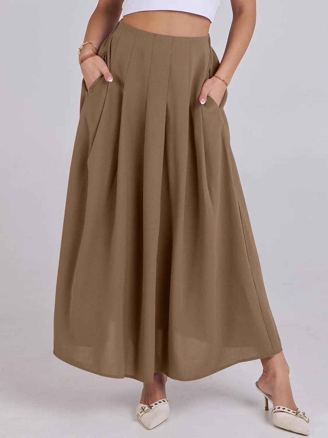 ANRABESS Women A-Line Pleated High Waist Maxi Skirt Full Ankle Length Flowy Swing Elegant Dressy Casual Work Long Skirts