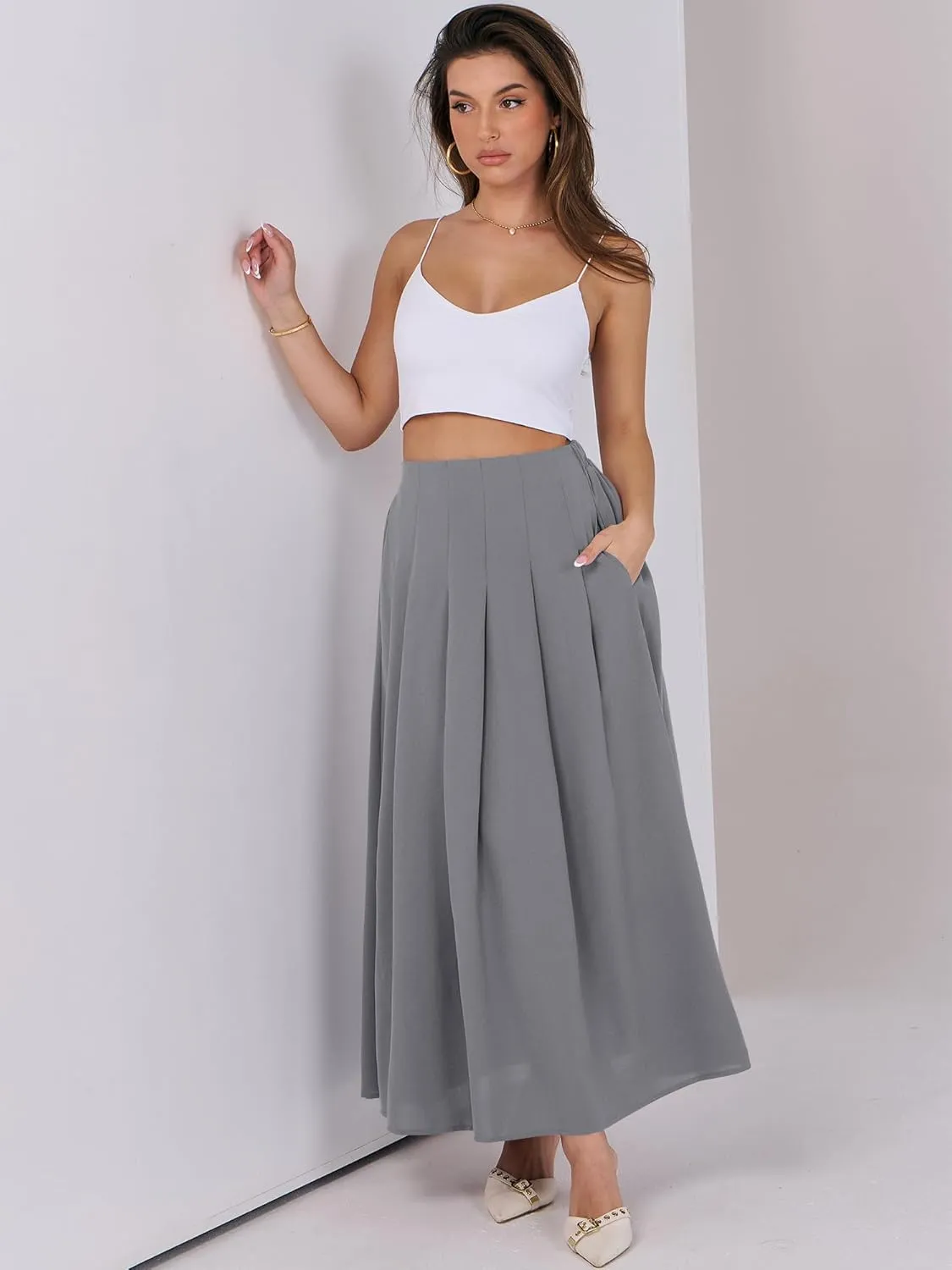 ANRABESS Women A-Line Pleated High Waist Maxi Skirt Full Ankle Length Flowy Swing Elegant Dressy Casual Work Long Skirts