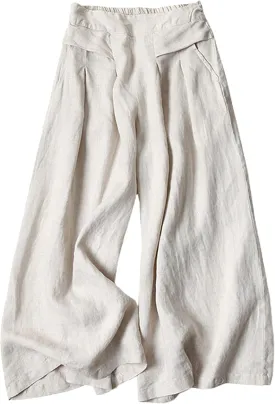 Bianstore Women's Culottes Linen Cropped Wide Leg Pants Elastic Waist Casual Palazzo Trousers with Pockets