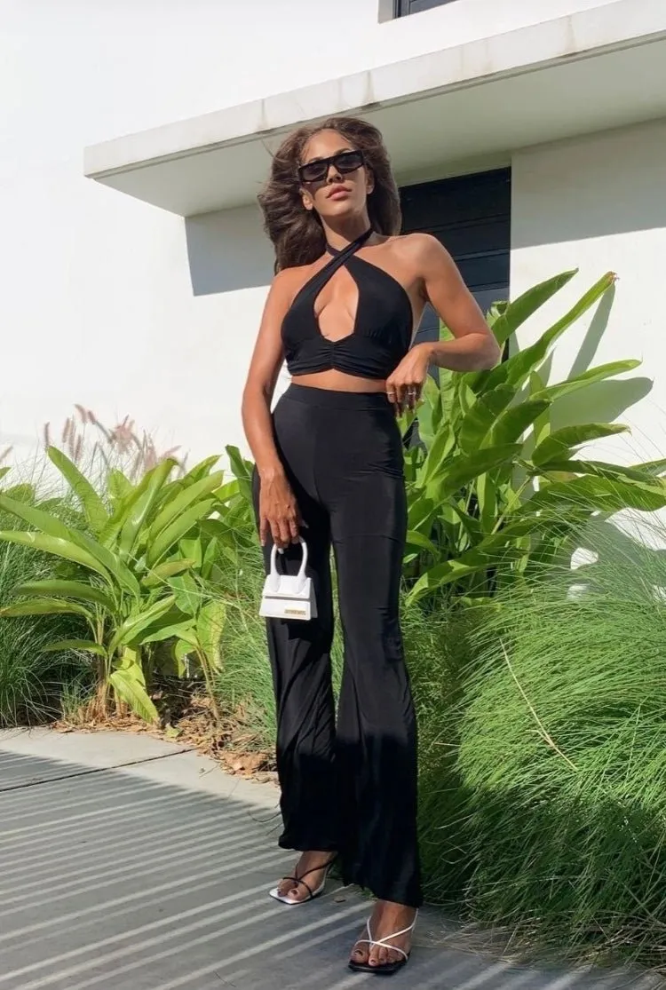 Black Slinky Halterneck Crop Top & Wide Leg Trousers