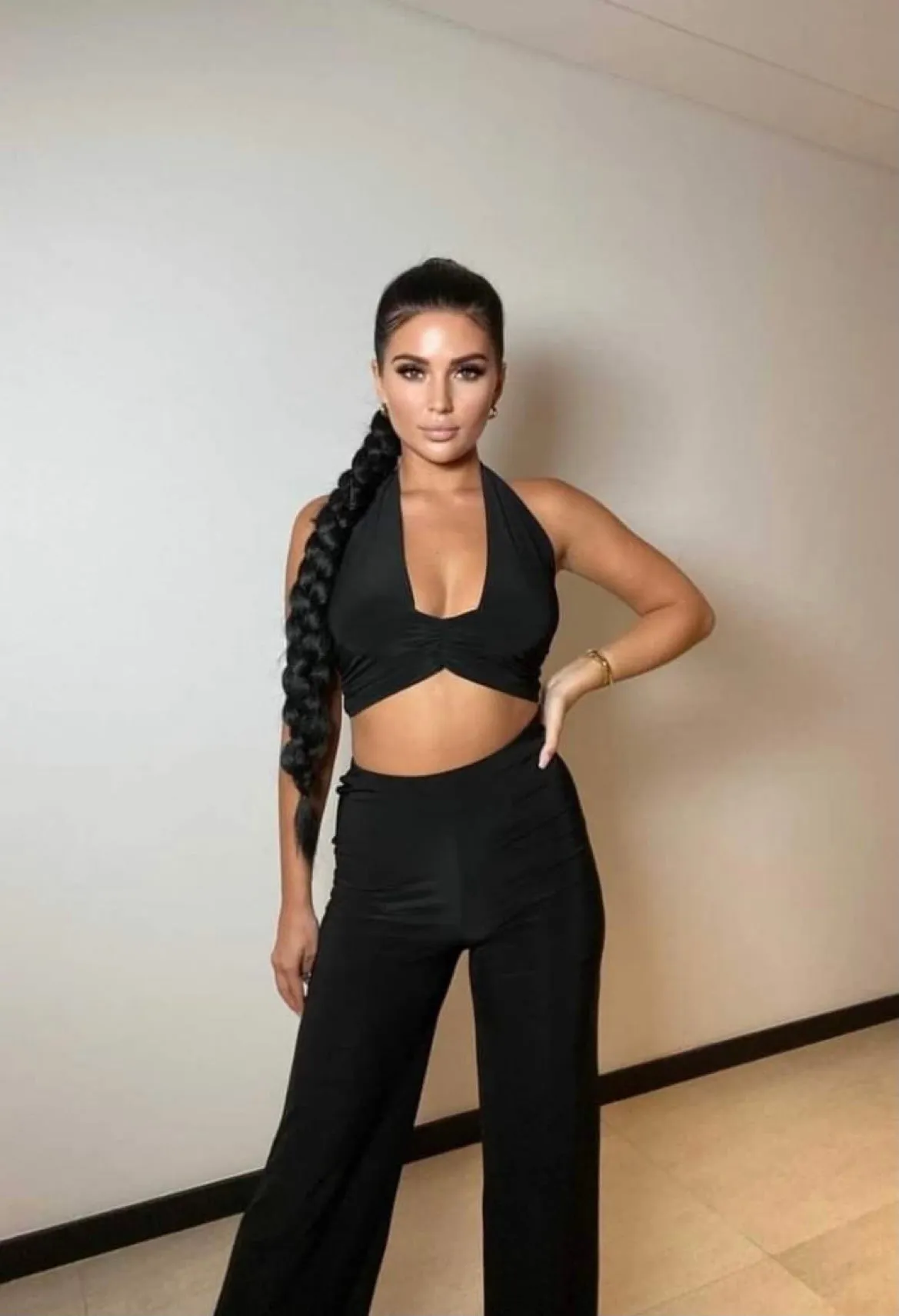 Black Slinky Halterneck Crop Top & Wide Leg Trousers