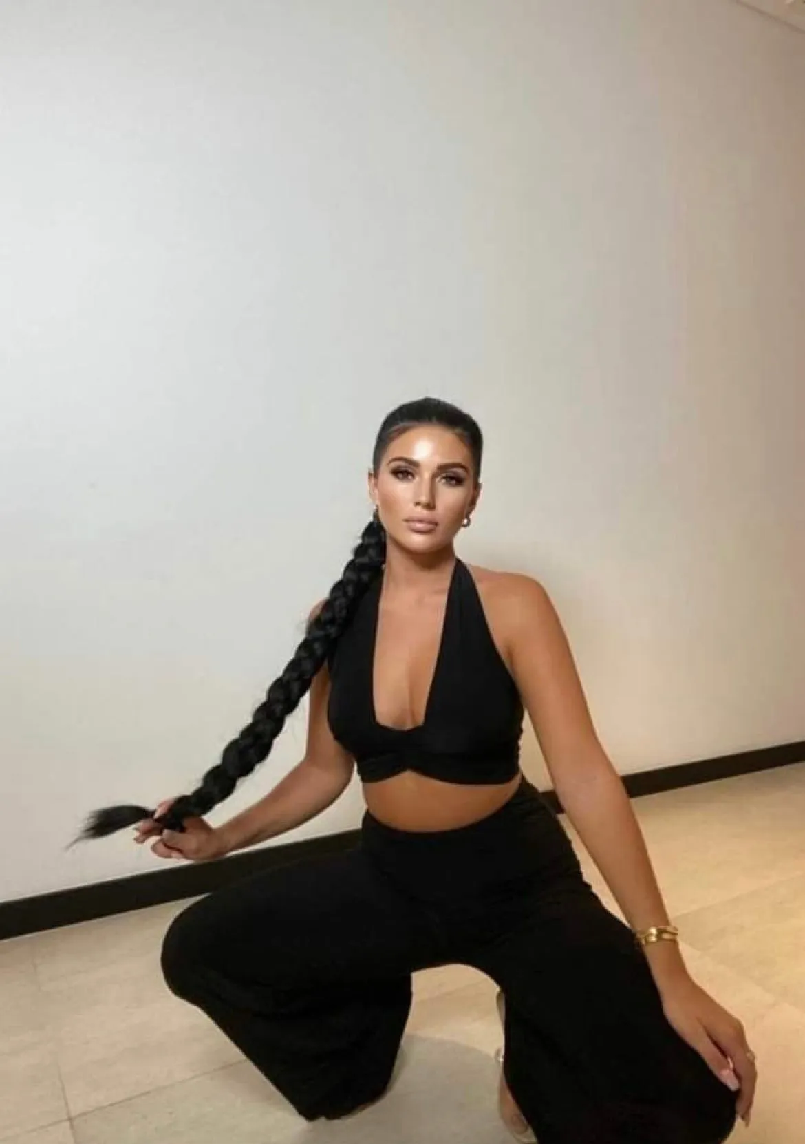 Black Slinky Halterneck Crop Top & Wide Leg Trousers