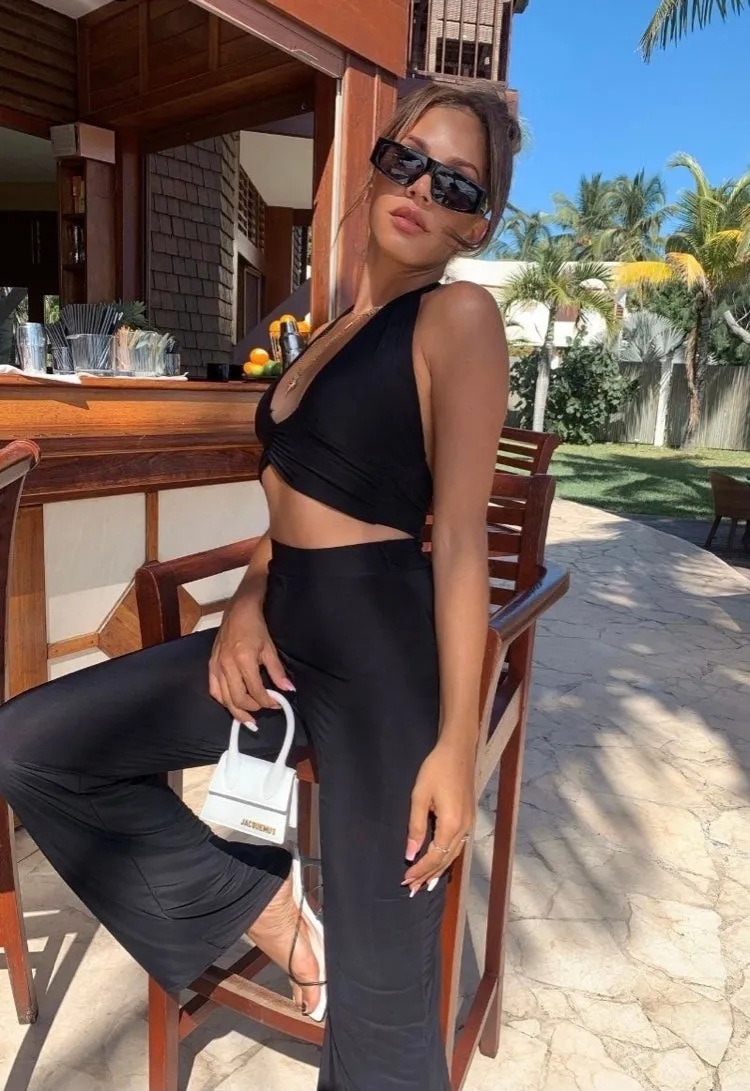 Black Slinky Halterneck Crop Top & Wide Leg Trousers