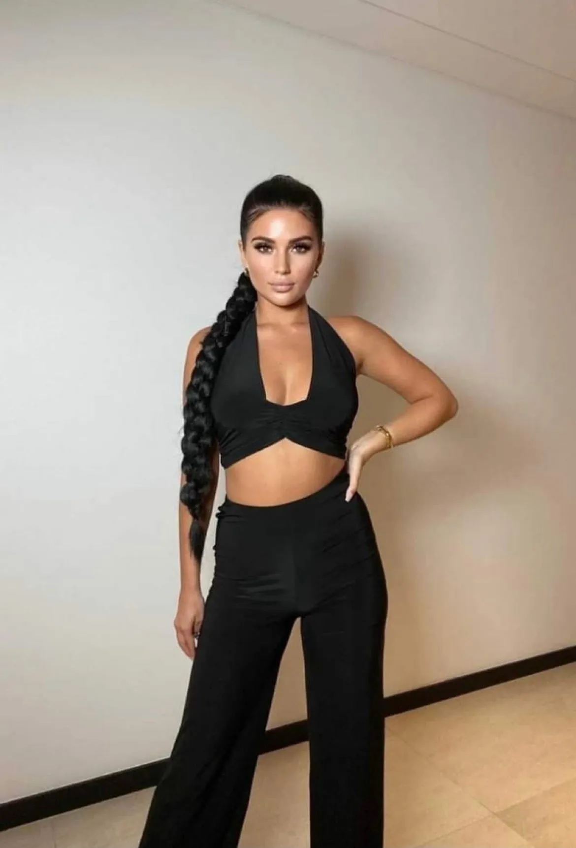 Black Slinky Halterneck Crop Top & Wide Leg Trousers