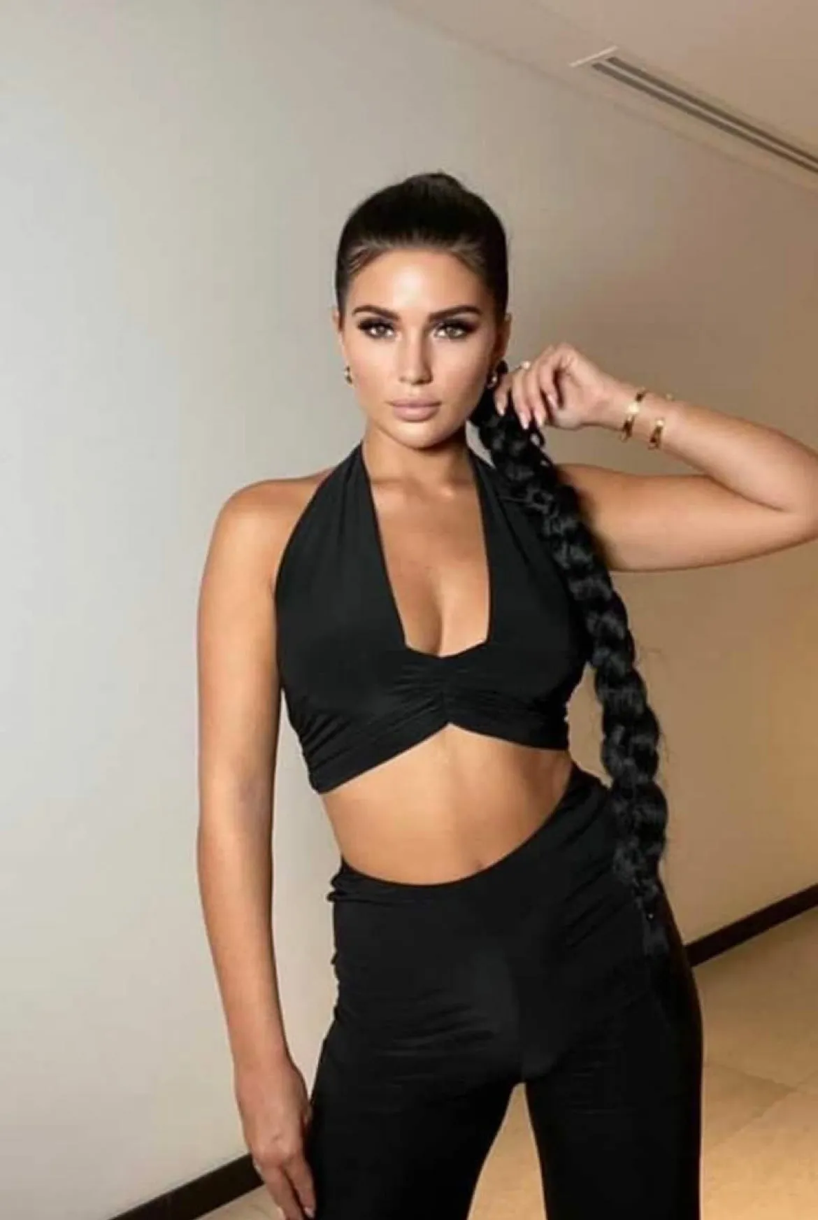 Black Slinky Halterneck Crop Top & Wide Leg Trousers