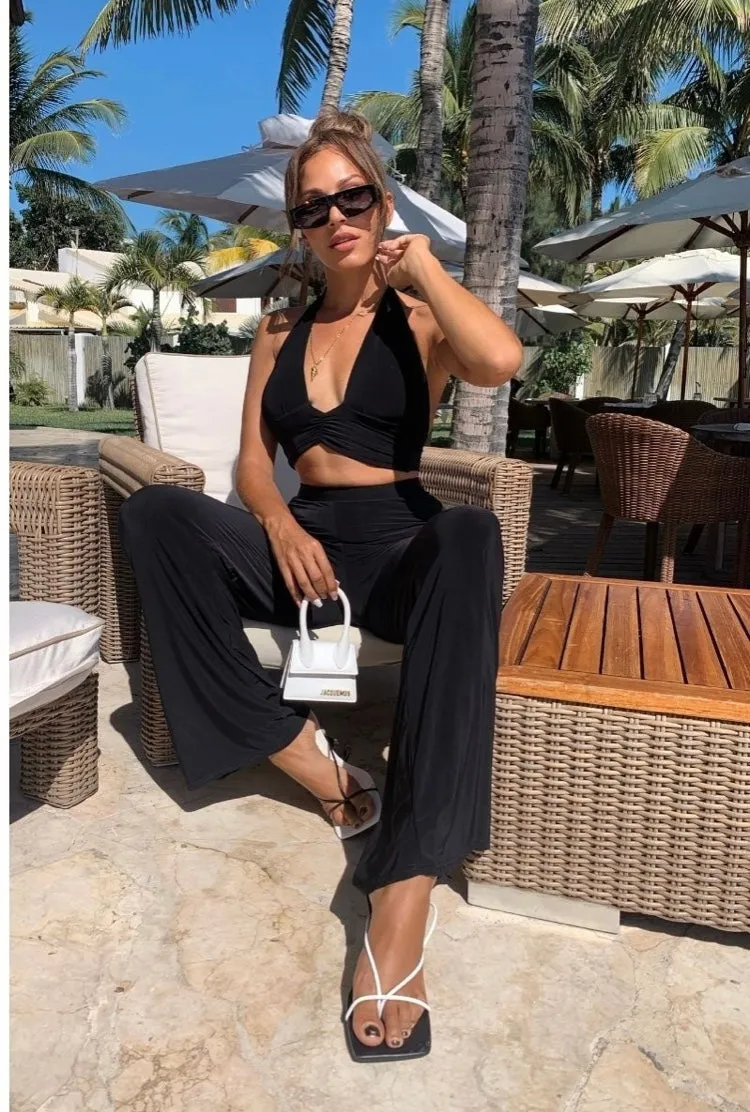 Black Slinky Halterneck Crop Top & Wide Leg Trousers