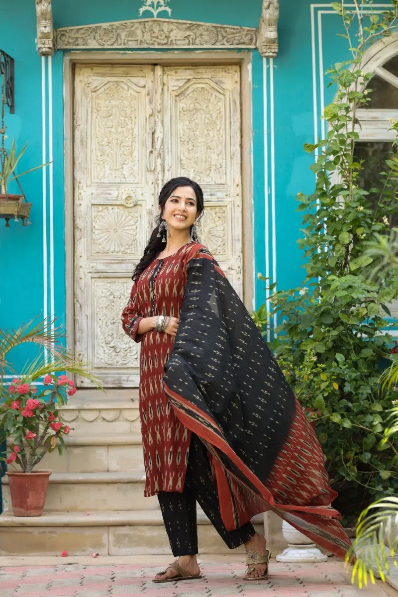 Brown Rayon Blend Straight Kurta Pant With Dupatta
