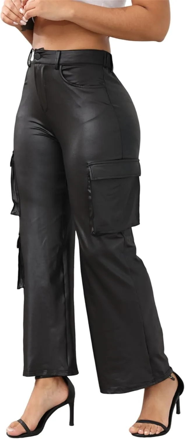 CALEBGAR Women's Faux Leather Pants Stretchy High Waisted Straight Wide Leg Baggy Cargo Pants Trousers with Pockets