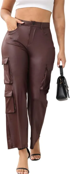 CALEBGAR Women's Faux Leather Pants Stretchy High Waisted Straight Wide Leg Baggy Cargo Pants Trousers with Pockets