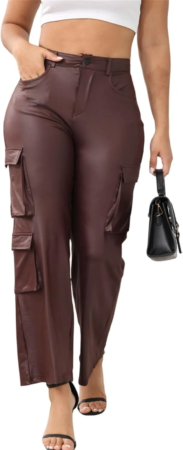 CALEBGAR Women's Faux Leather Pants Stretchy High Waisted Straight Wide Leg Baggy Cargo Pants Trousers with Pockets