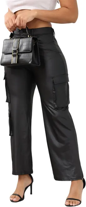 CALEBGAR Women's Faux Leather Pants Stretchy High Waisted Straight Wide Leg Baggy Cargo Pants Trousers with Pockets