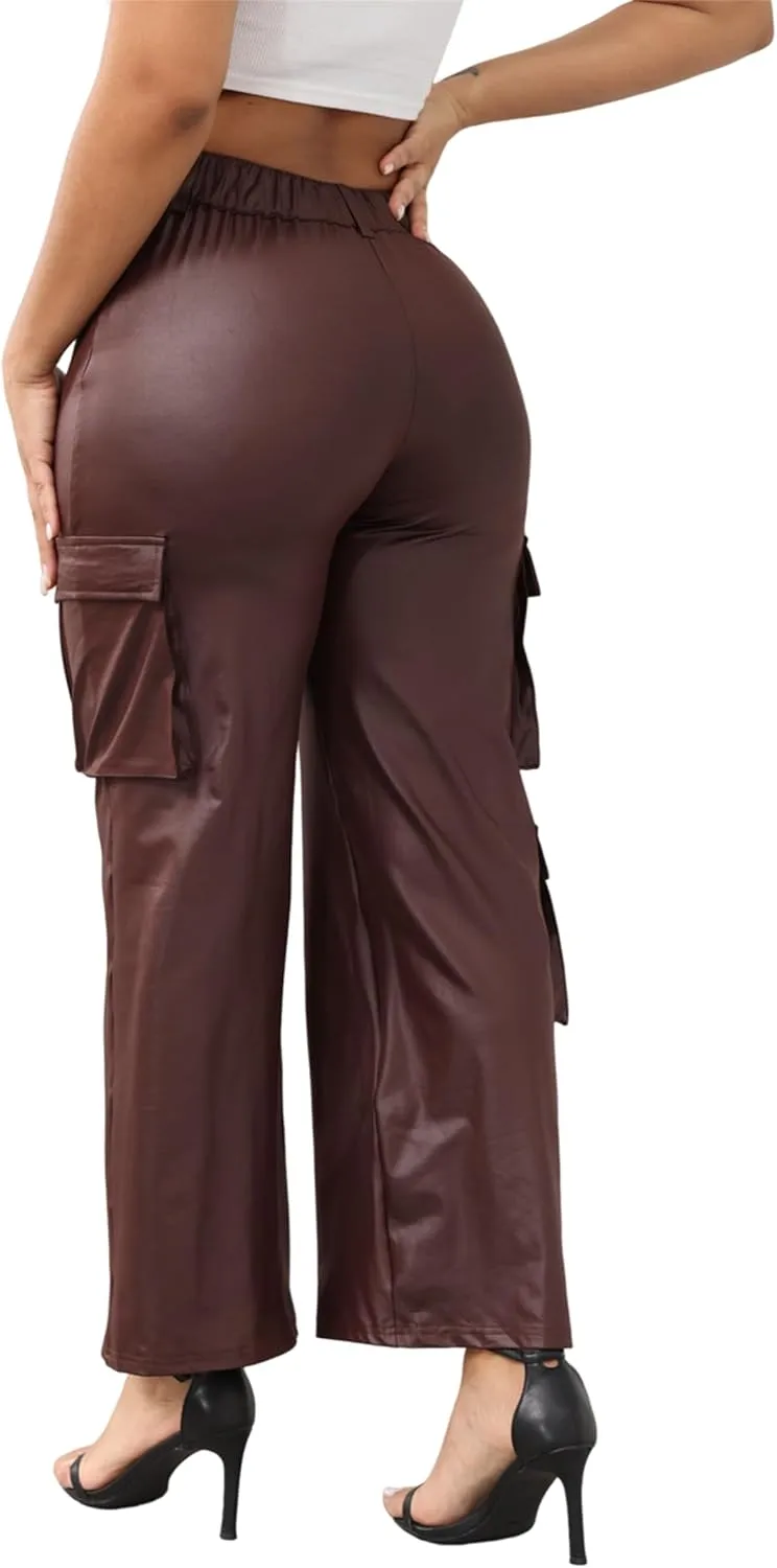 CALEBGAR Women's Faux Leather Pants Stretchy High Waisted Straight Wide Leg Baggy Cargo Pants Trousers with Pockets