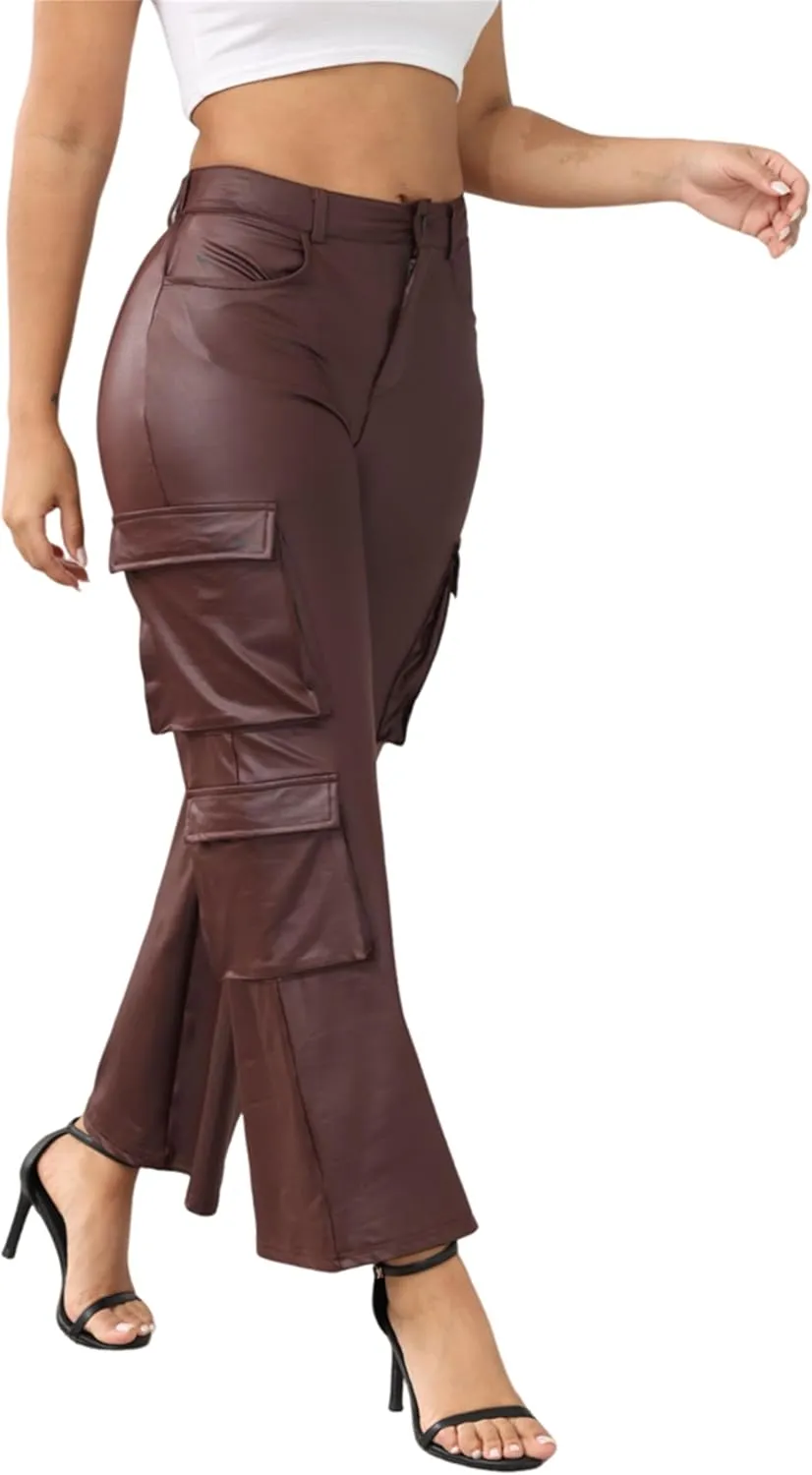 CALEBGAR Women's Faux Leather Pants Stretchy High Waisted Straight Wide Leg Baggy Cargo Pants Trousers with Pockets