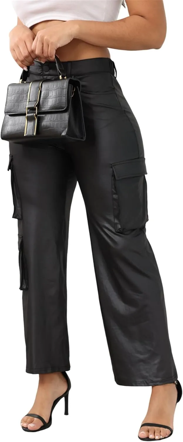 CALEBGAR Women's Faux Leather Pants Stretchy High Waisted Straight Wide Leg Baggy Cargo Pants Trousers with Pockets