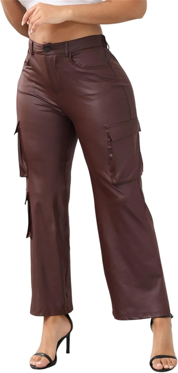 CALEBGAR Women's Faux Leather Pants Stretchy High Waisted Straight Wide Leg Baggy Cargo Pants Trousers with Pockets