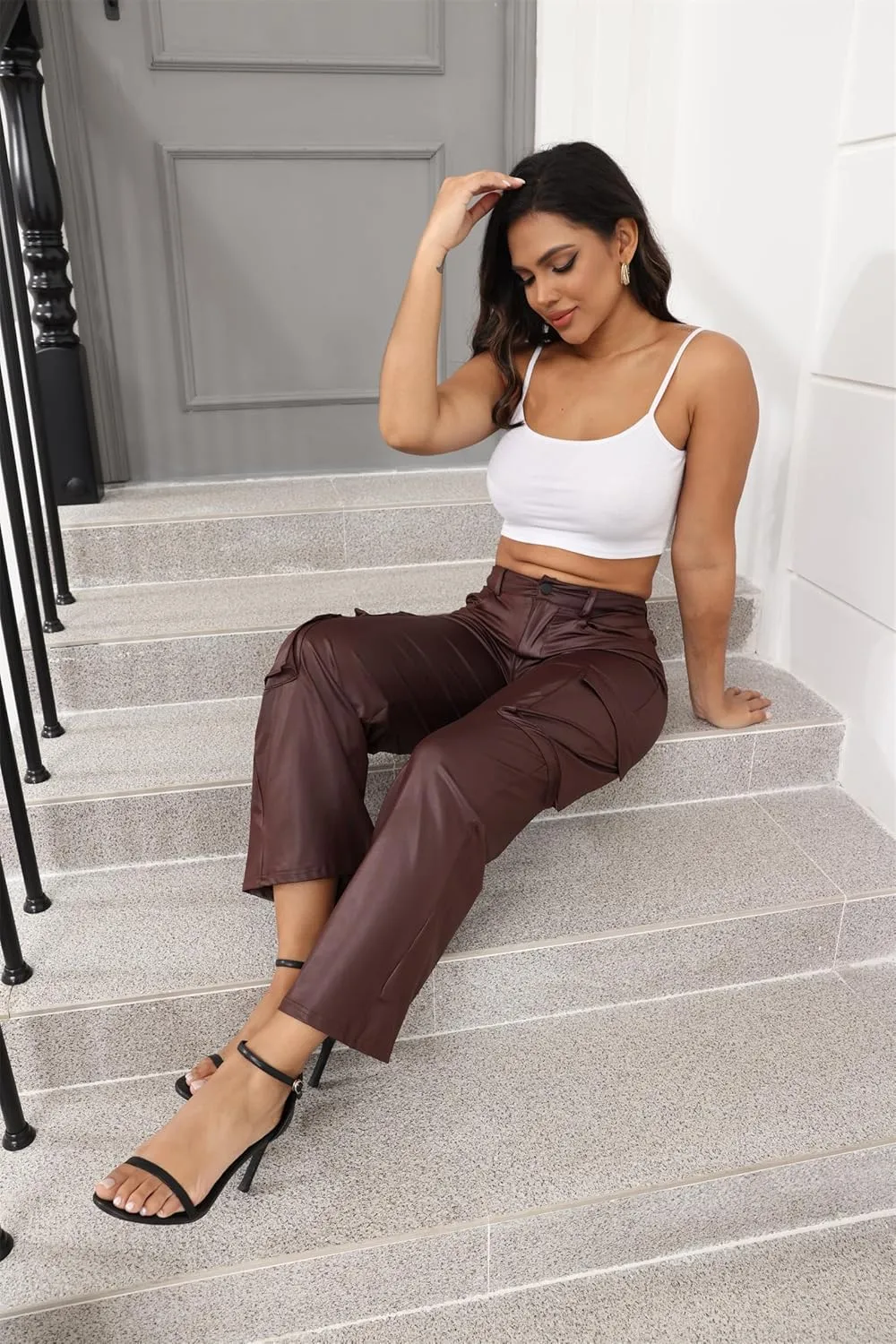 CALEBGAR Women's Faux Leather Pants Stretchy High Waisted Straight Wide Leg Baggy Cargo Pants Trousers with Pockets