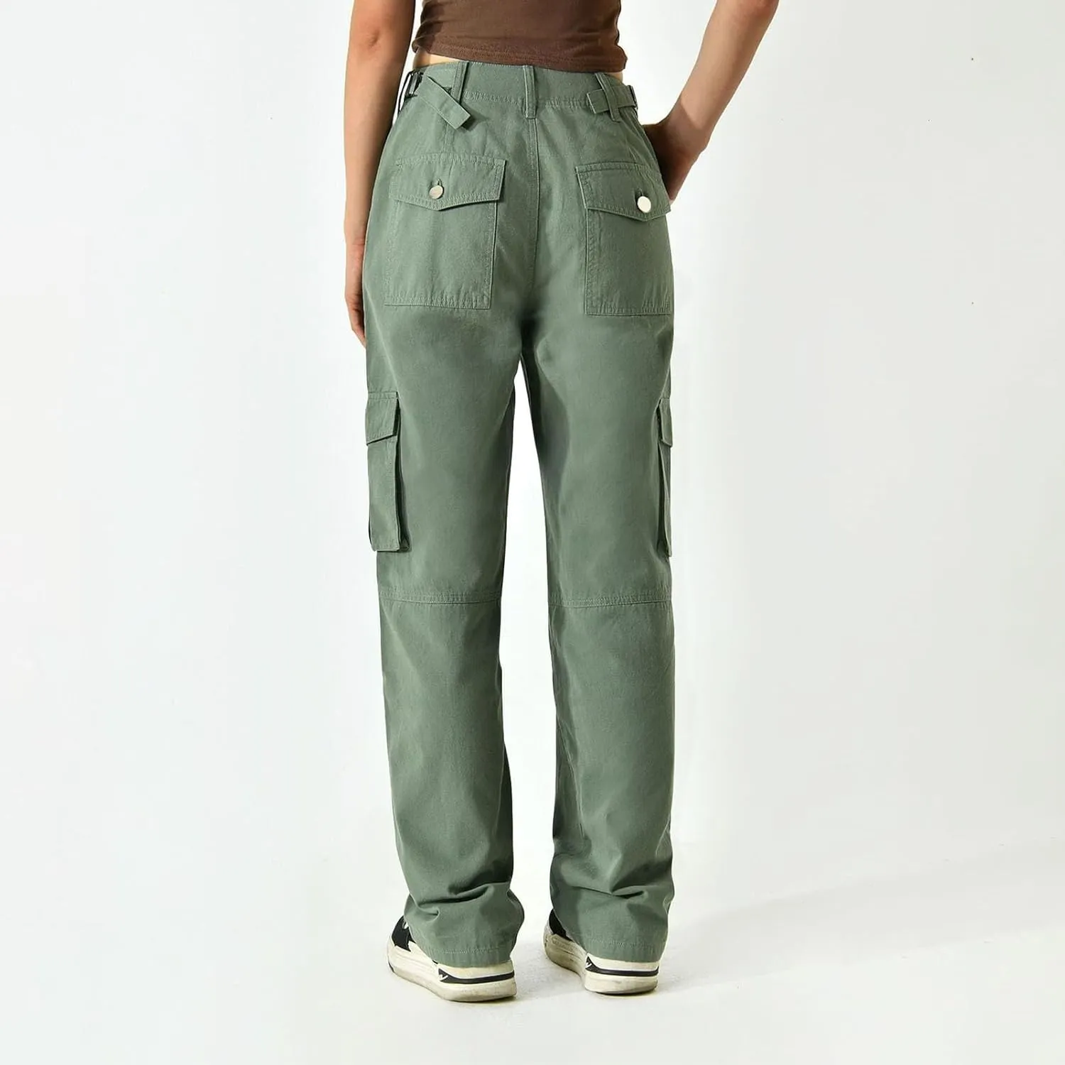 Cargo Pants Women Button High Waisted Hiking Pants Casual Tactical Style Trousers with 6 Pockets Loose Streetwear