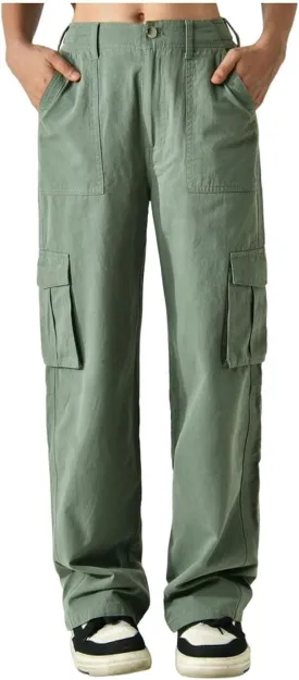 Cargo Pants Women Button High Waisted Hiking Pants Casual Tactical Style Trousers with 6 Pockets Loose Streetwear