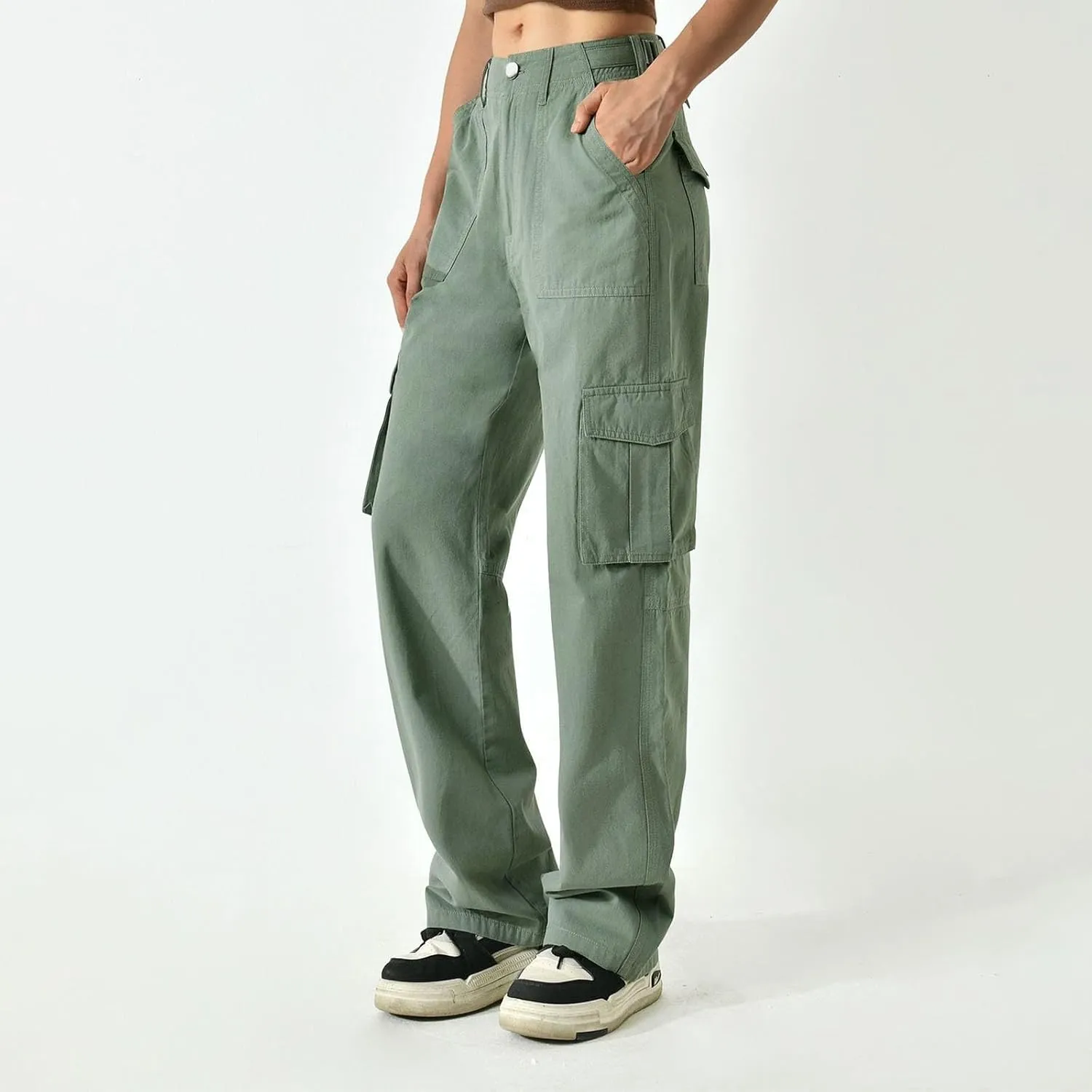 Cargo Pants Women Button High Waisted Hiking Pants Casual Tactical Style Trousers with 6 Pockets Loose Streetwear