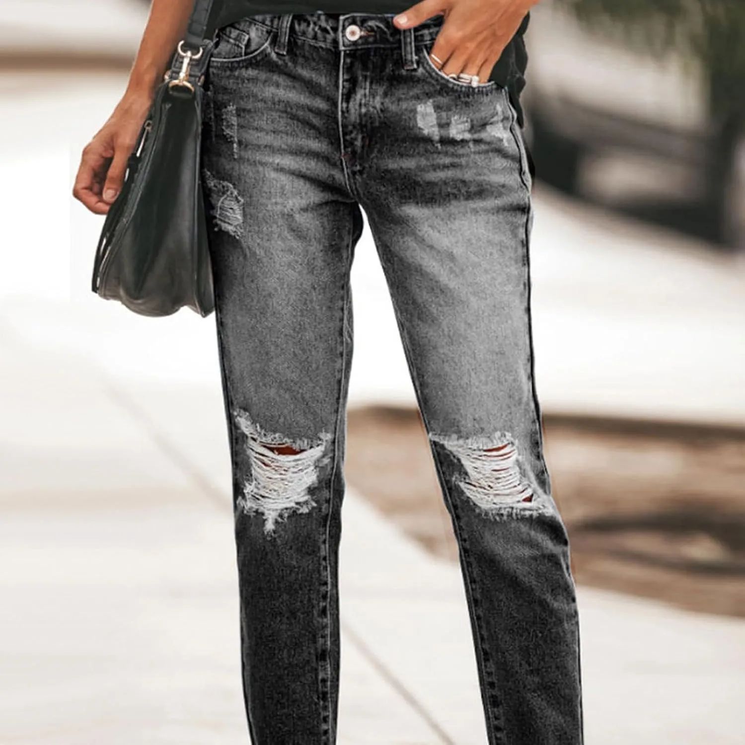 fanmpghleoo Ripped Jeans Womens Stretchy Slim Fit Distressed Straight Leg Jeans Lightweight Casual Trendy Denim Cropped Pants