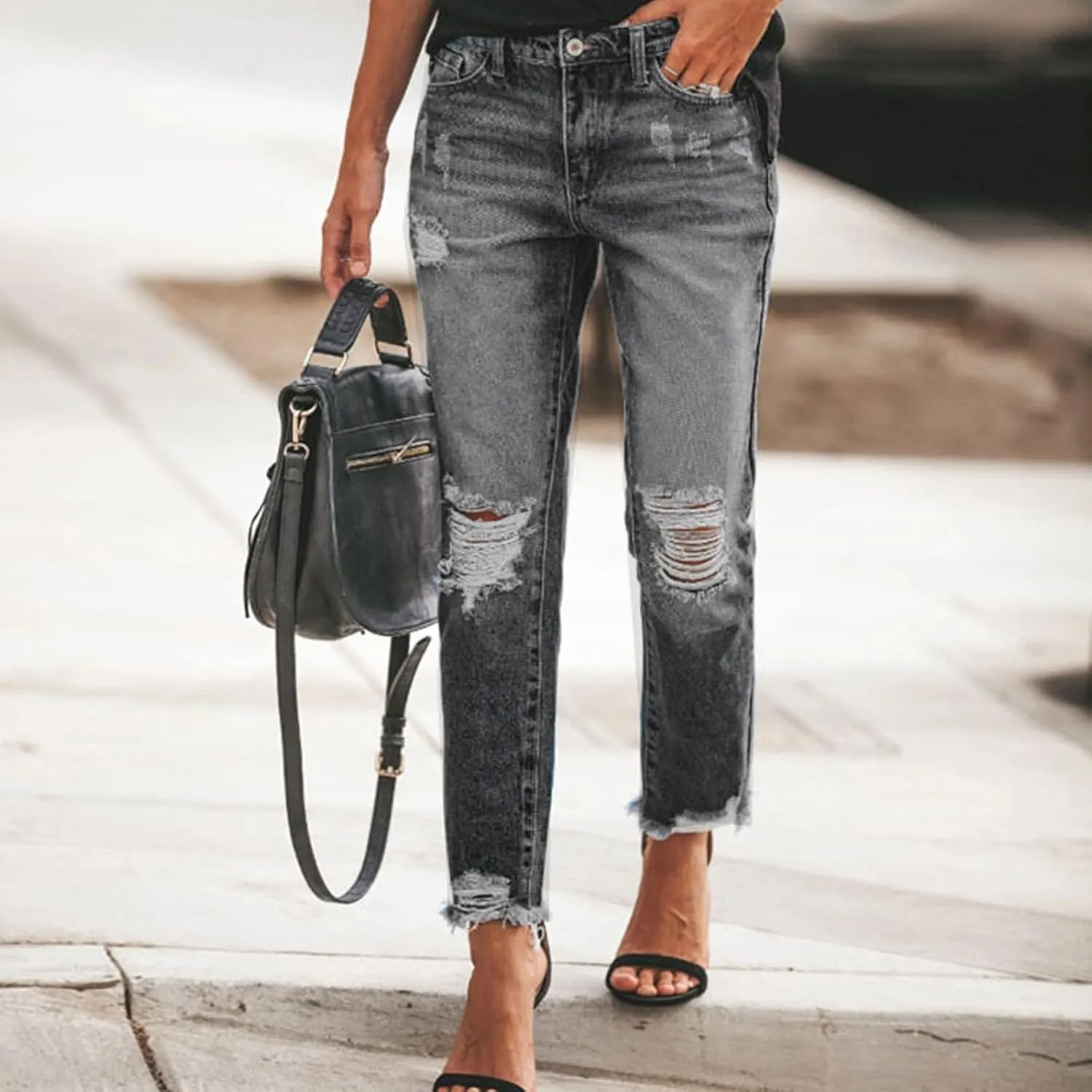 fanmpghleoo Ripped Jeans Womens Stretchy Slim Fit Distressed Straight Leg Jeans Lightweight Casual Trendy Denim Cropped Pants