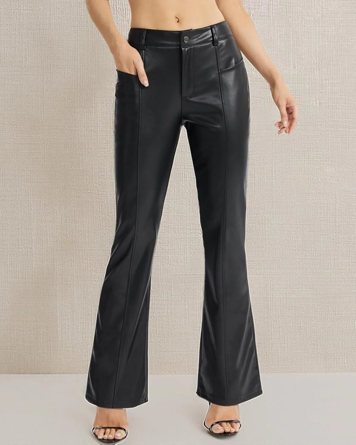Faux Leather Pants for Women - Bell Bottom Bootcut Leg Jeans, PU Flare Trousers With Pockets
