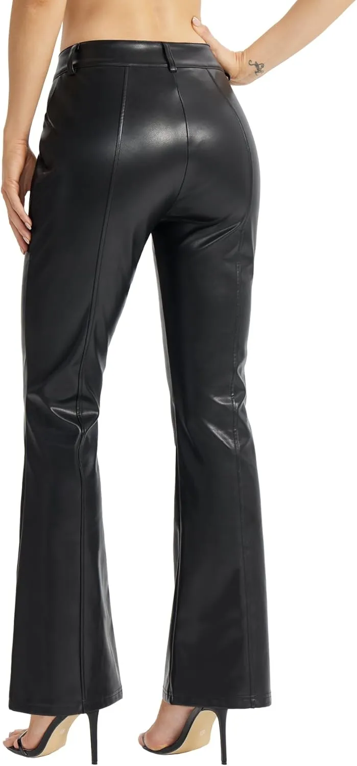 Faux Leather Pants for Women - Bell Bottom Bootcut Leg Jeans, PU Flare Trousers With Pockets