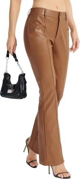 Faux Leather Pants for Women - Bell Bottom Bootcut Leg Jeans, PU Flare Trousers With Pockets