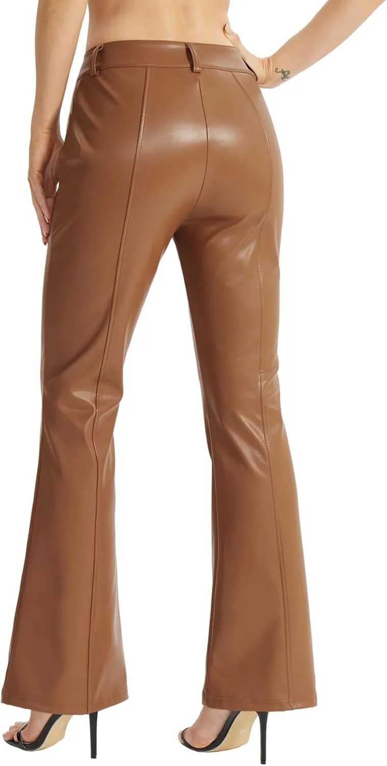 Faux Leather Pants for Women - Bell Bottom Bootcut Leg Jeans, PU Flare Trousers With Pockets