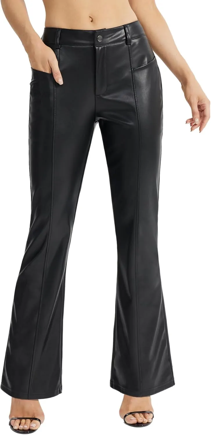 Faux Leather Pants for Women - Bell Bottom Bootcut Leg Jeans, PU Flare Trousers With Pockets