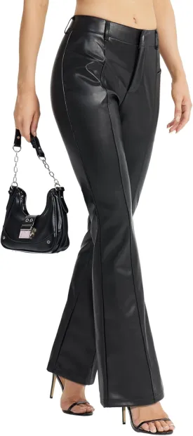 Faux Leather Pants for Women - Bell Bottom Bootcut Leg Jeans, PU Flare Trousers With Pockets