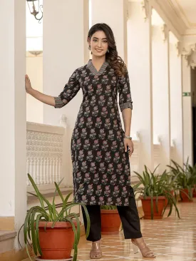 Floral Print Dori_Embroidery Straight Kurta Trouser Set