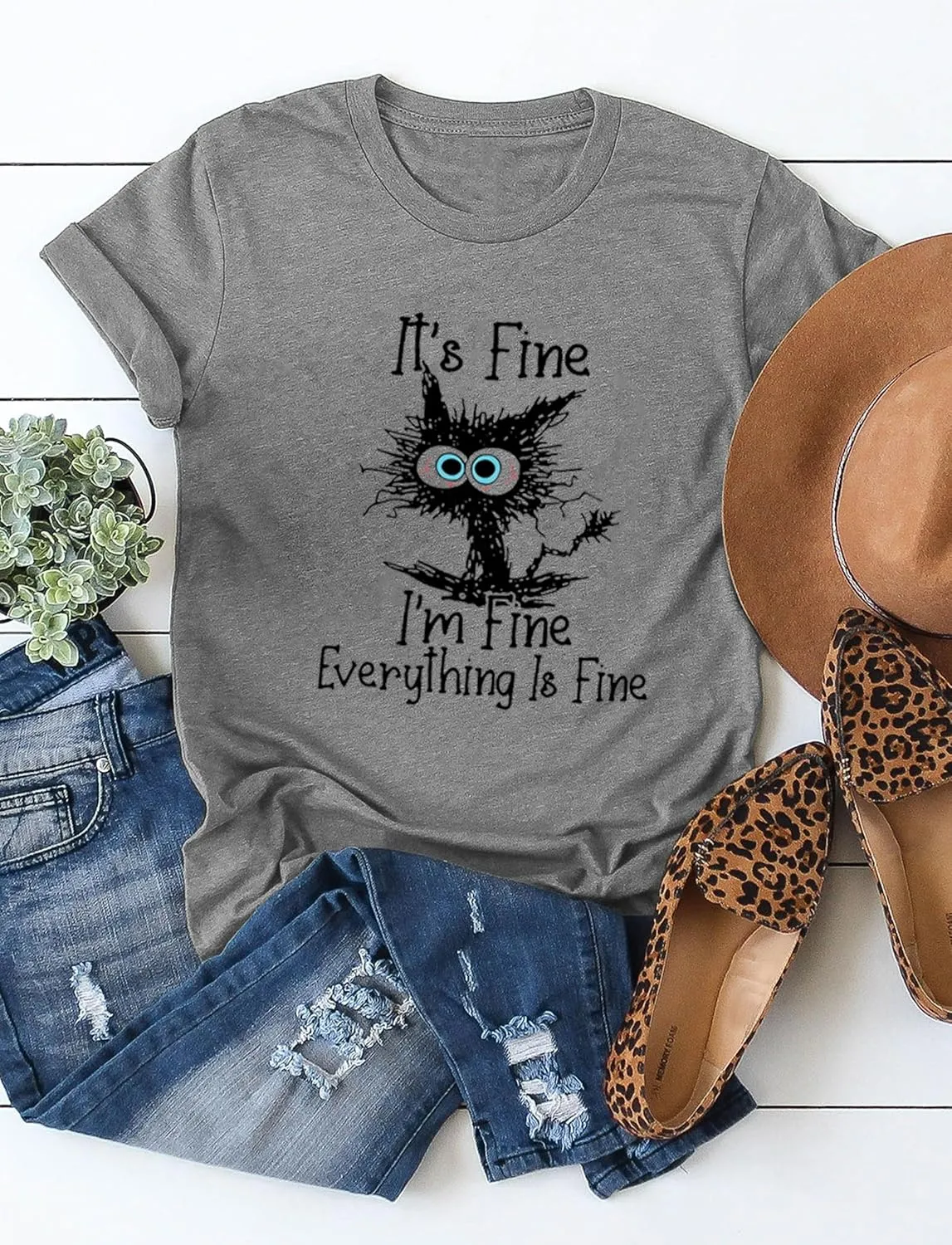 Funny Cat T Shirts for Women Everything is Fine Graphic Tees Casual Short Sleeve Summer Tops Crewneck Shirt