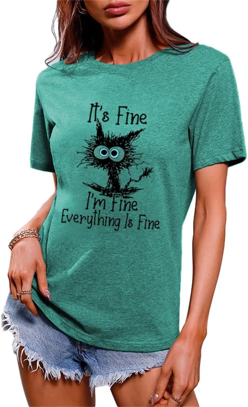 Funny Cat T Shirts for Women Everything is Fine Graphic Tees Casual Short Sleeve Summer Tops Crewneck Shirt