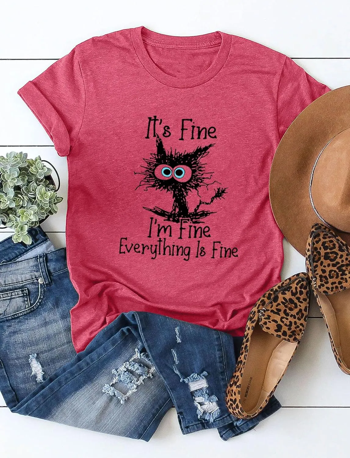 Funny Cat T Shirts for Women Everything is Fine Graphic Tees Casual Short Sleeve Summer Tops Crewneck Shirt