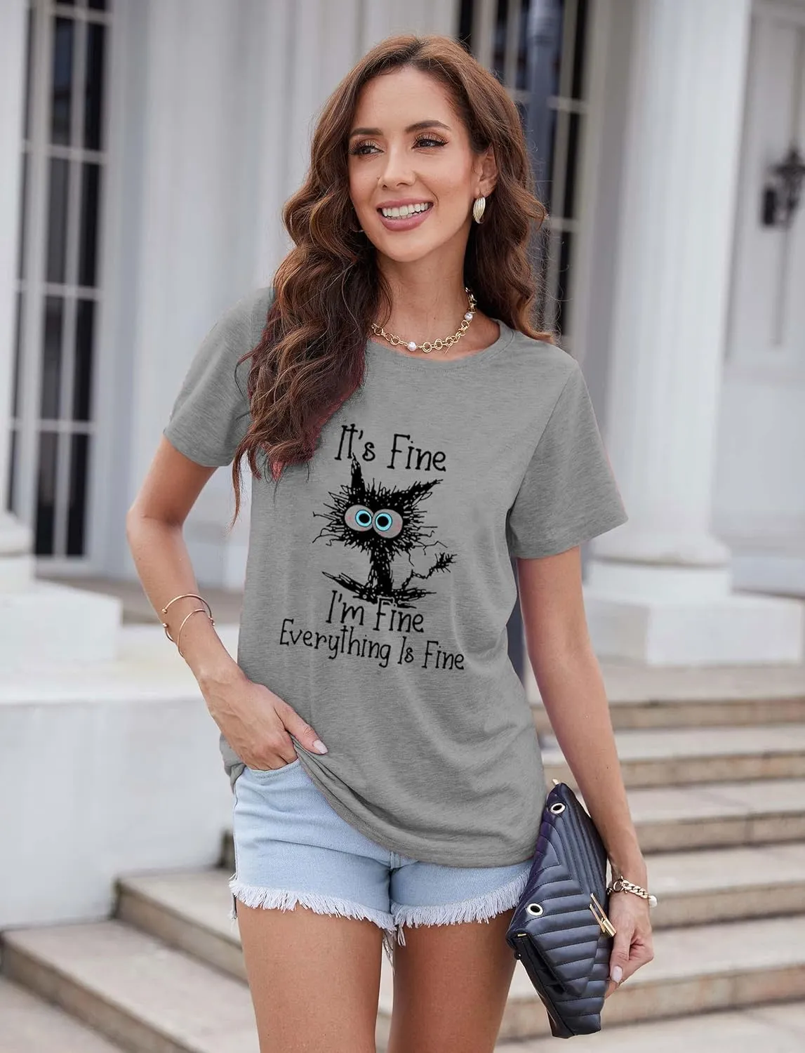 Funny Cat T Shirts for Women Everything is Fine Graphic Tees Casual Short Sleeve Summer Tops Crewneck Shirt