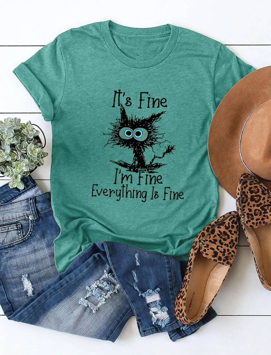 Funny Cat T Shirts for Women Everything is Fine Graphic Tees Casual Short Sleeve Summer Tops Crewneck Shirt