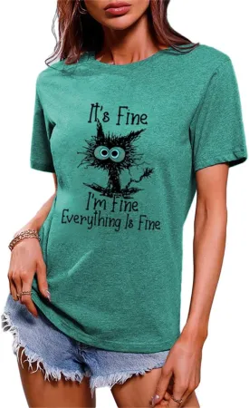 Funny Cat T Shirts for Women Everything is Fine Graphic Tees Casual Short Sleeve Summer Tops Crewneck Shirt