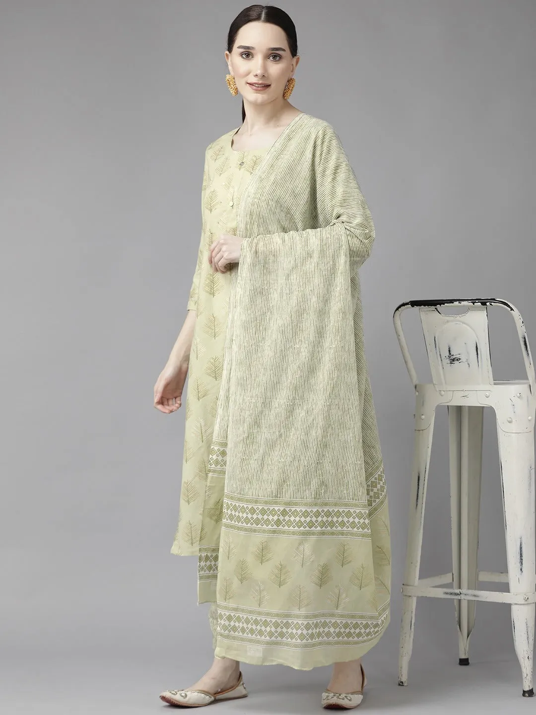 Green Print Cotton Dupatta Set