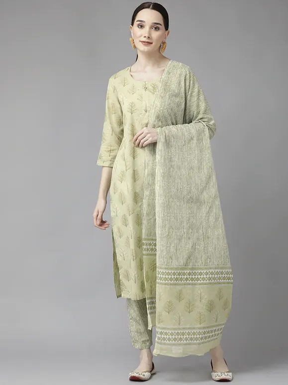 Green Print Cotton Dupatta Set
