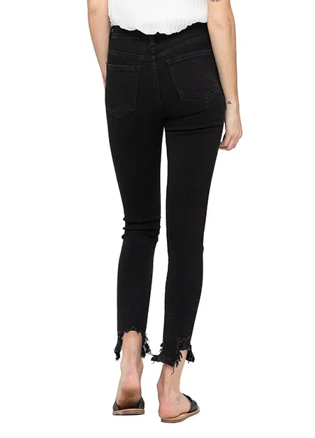 High Rise Button Up Distressed Hem Ankle Skinny Jeans