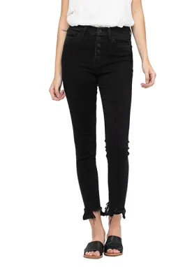 High Rise Button Up Distressed Hem Ankle Skinny Jeans