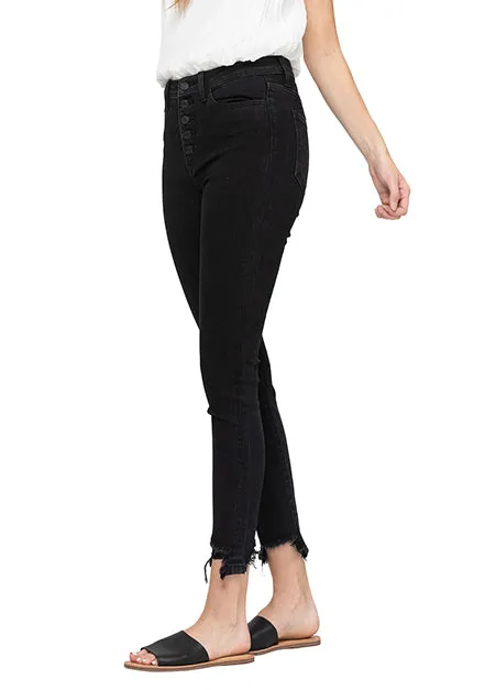 High Rise Button Up Distressed Hem Ankle Skinny Jeans