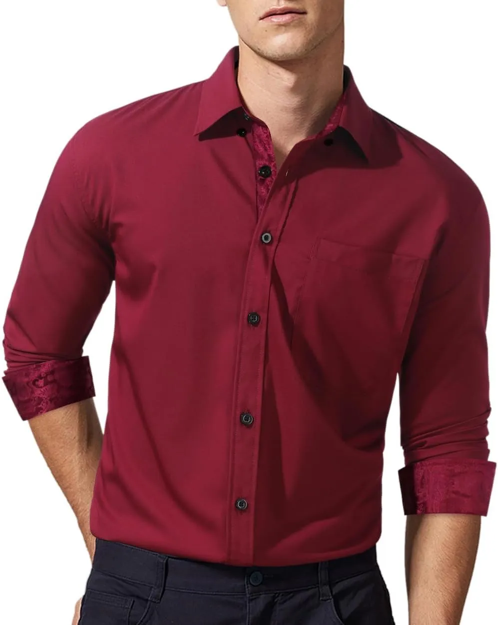 HISDERN Mens Dress Shirts Long Sleeve Button Down Casual Shirts for Men Inner Contrast Formal Business Tuxedo Wedding Shirt
