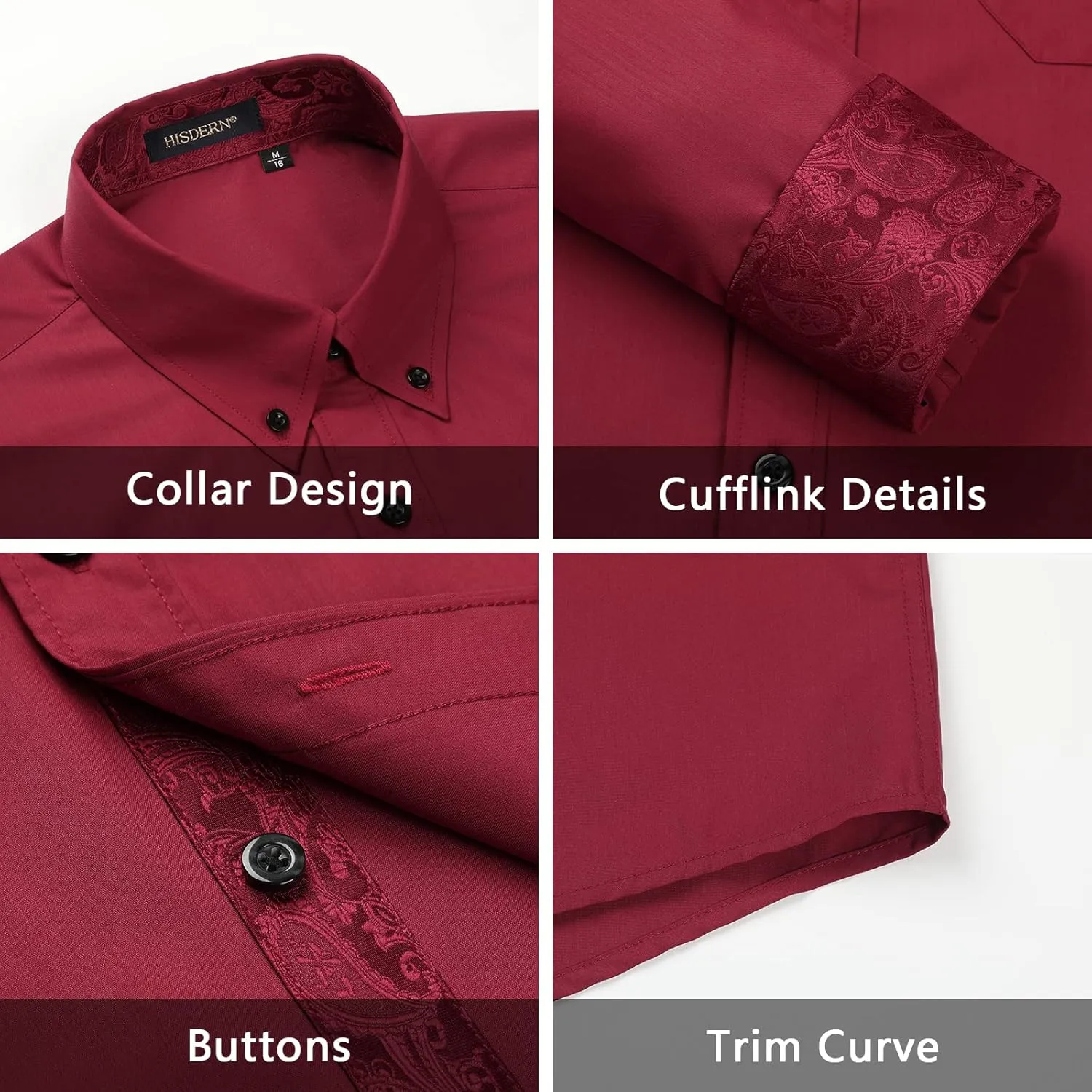 HISDERN Mens Dress Shirts Long Sleeve Button Down Casual Shirts for Men Inner Contrast Formal Business Tuxedo Wedding Shirt