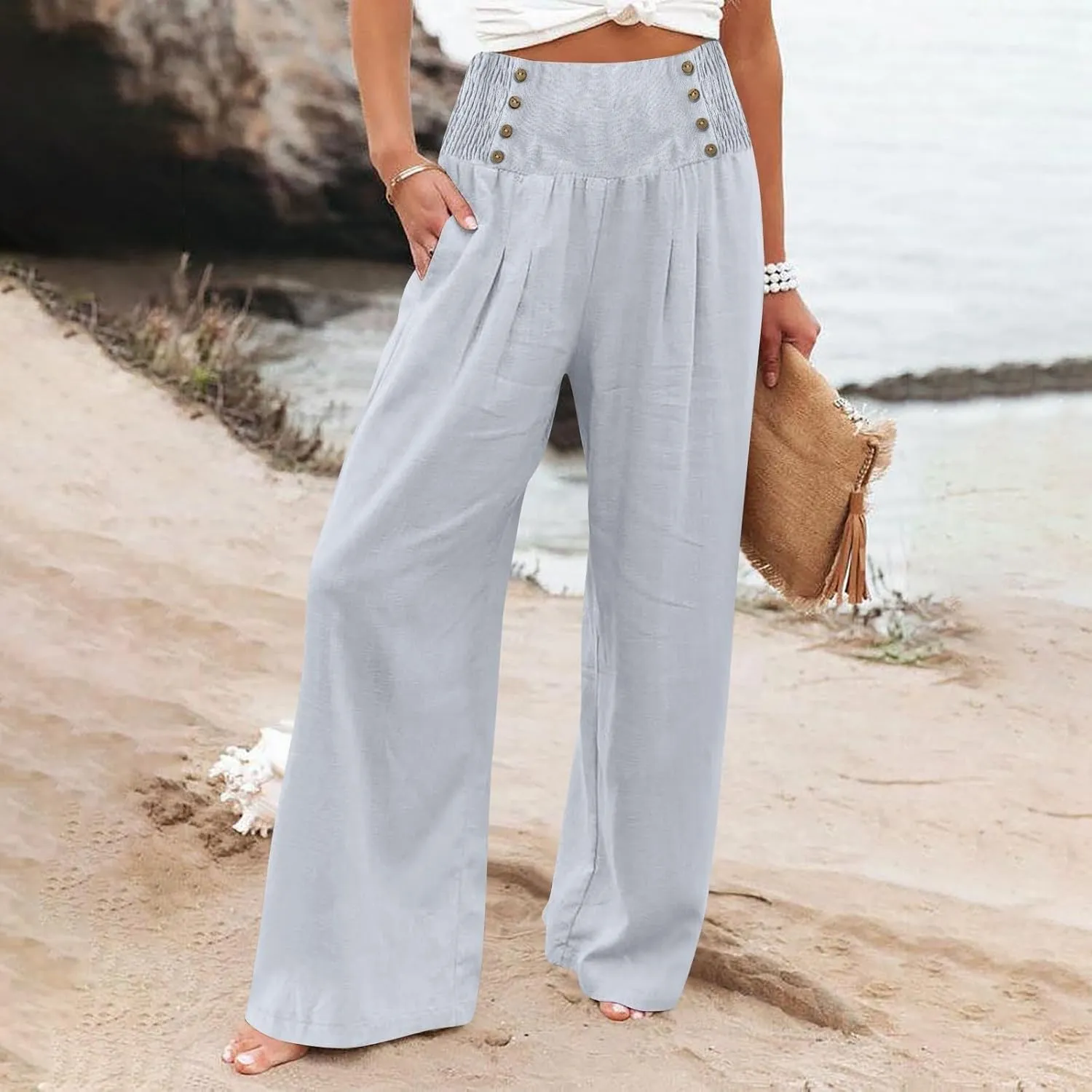 Linen Palazzo Pants for Women Elastic Waist Loose Lightweight Straight Lounge Linen Trousers Women