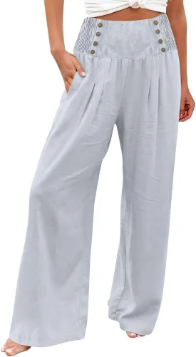 Linen Palazzo Pants for Women Elastic Waist Loose Lightweight Straight Lounge Linen Trousers Women