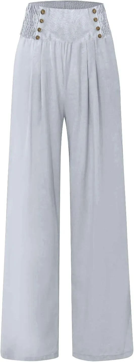 Linen Palazzo Pants for Women Elastic Waist Loose Lightweight Straight Lounge Linen Trousers Women